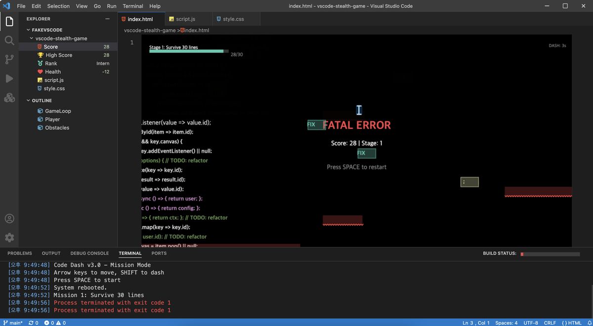 Code Dash — VS Code 편집기로 위장